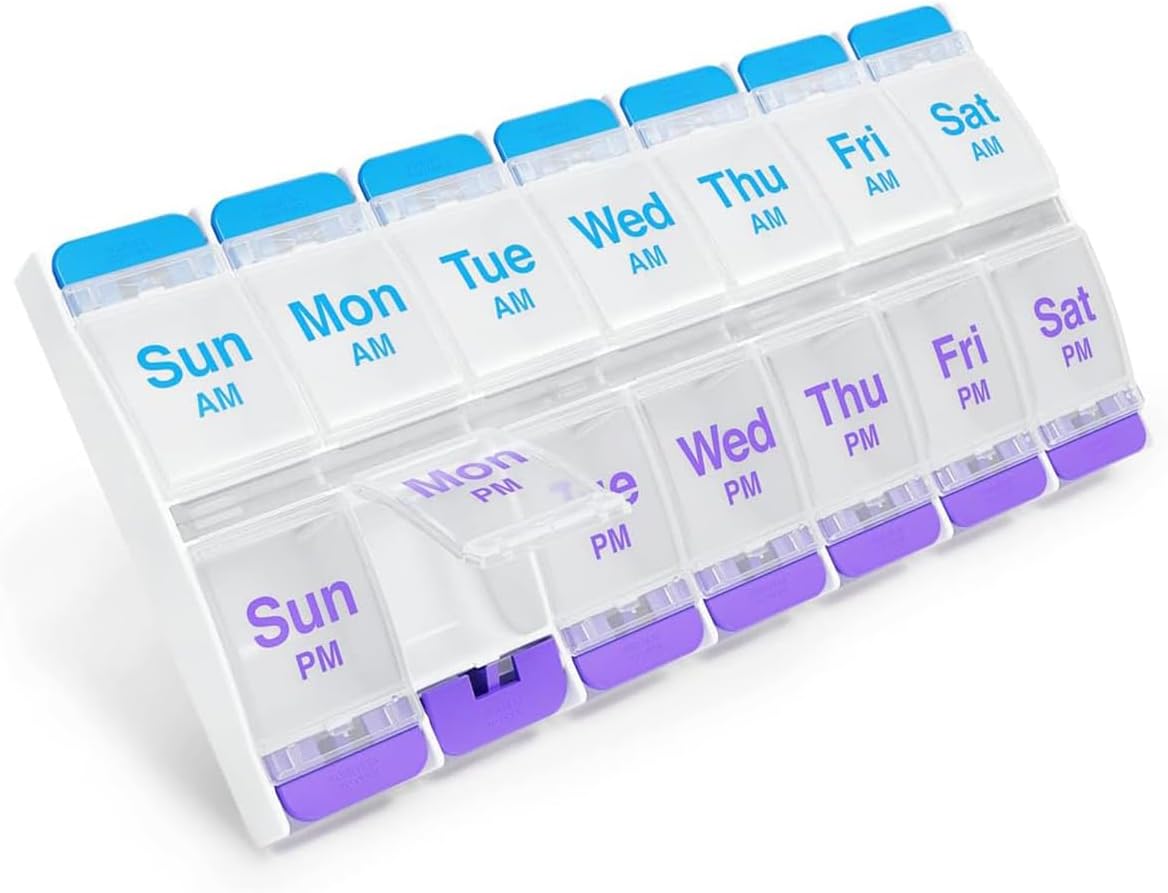 EZY DOSE Push Button (7-Day) Pill Case, Medicine Planner, Daily Vitamin Organizer, 2 Times a Day AM/PM, X-Large Compartments, Arthritis Friendly, Easy to use, Clear Lids, Purple and Blue, BPA Free