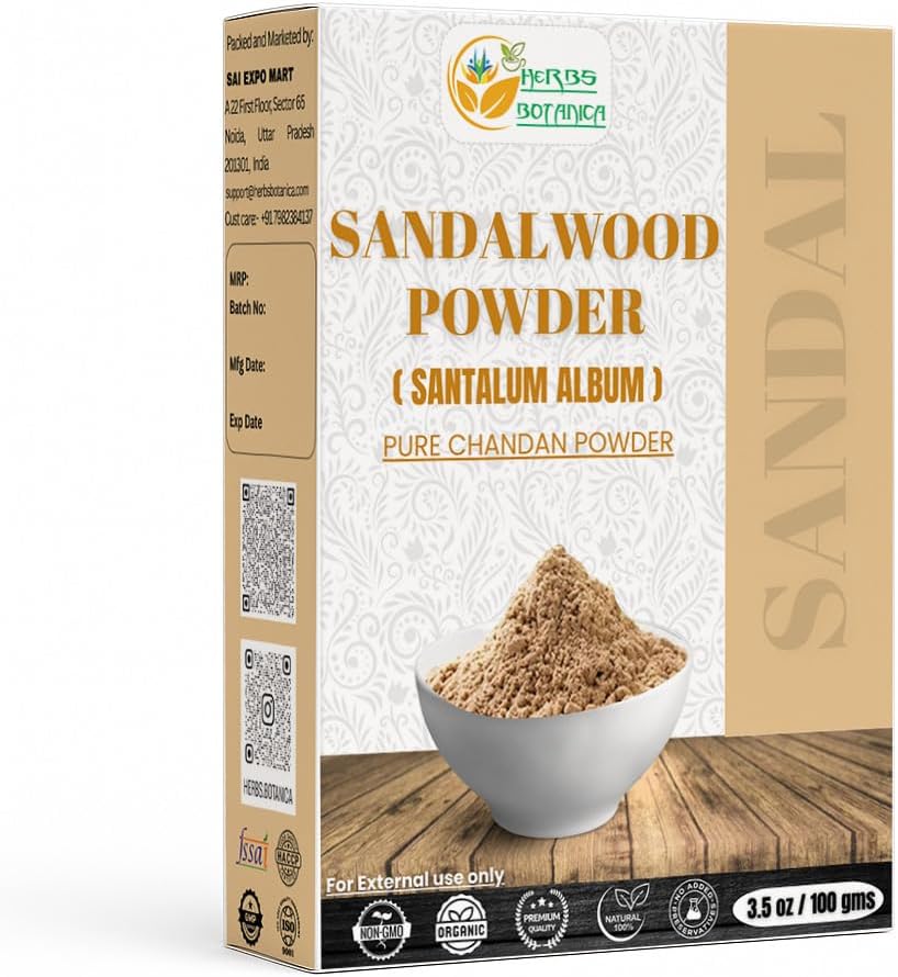 Herbs Botanica Chandan Sandalwood Powder, 100 gm / 3.52 oz, Face Pack & Mask, Tilak, Auspicious Occasions, Natural Cleansing & Soothing Powder.