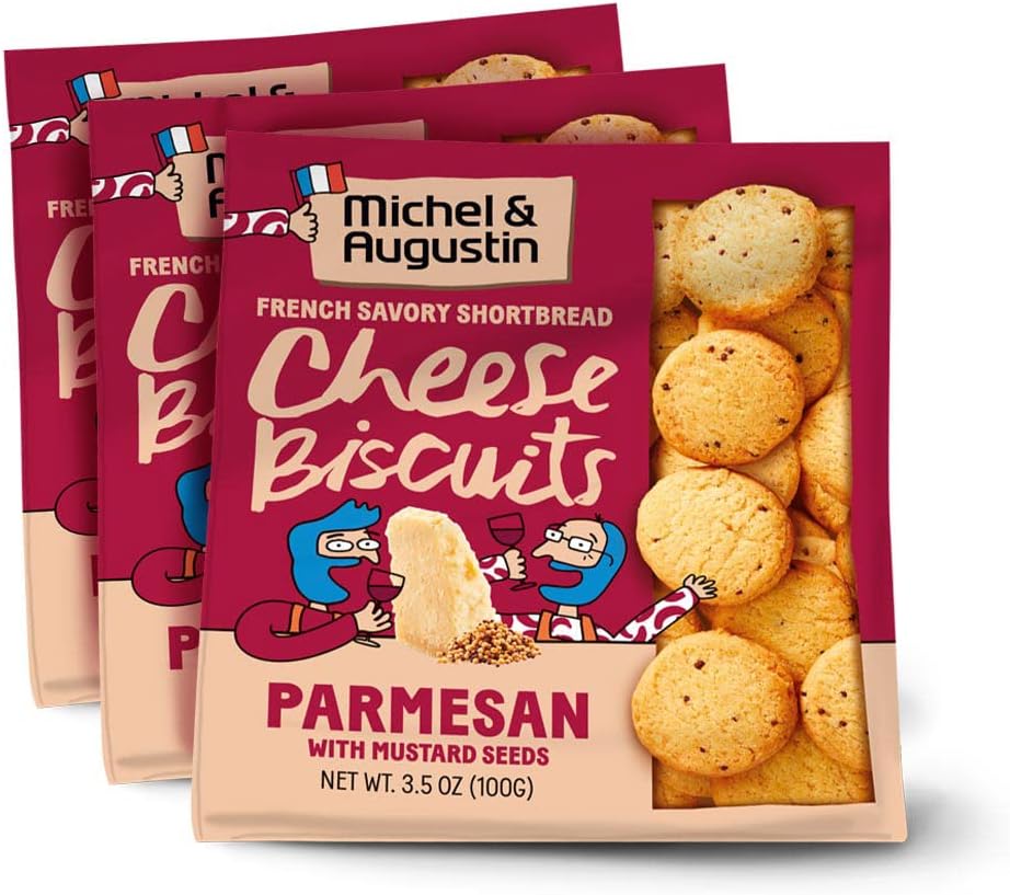 Michel et Augustin Gourmet Crackers, Parmesan Cheese Biscuits with Mustard Seeds, Savory Party Crackers, French Snacks, 3-Pack, 3.5 oz. Bags