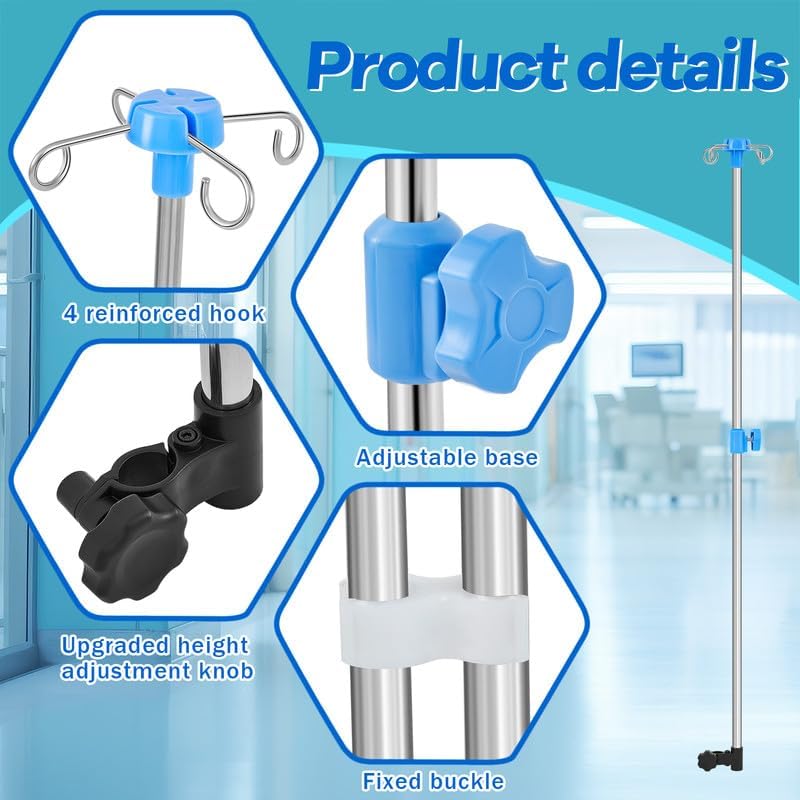 TrelaCo 2 Pcs iv Pole for Wheelchair Portable 4 Hook Height Adjustable Wheelchair iv Pole Infusion Stand Stainless Steel for Hospitals Clinics Wheelchairs Beds (Height Adjusts from 29.3" to 52.4")