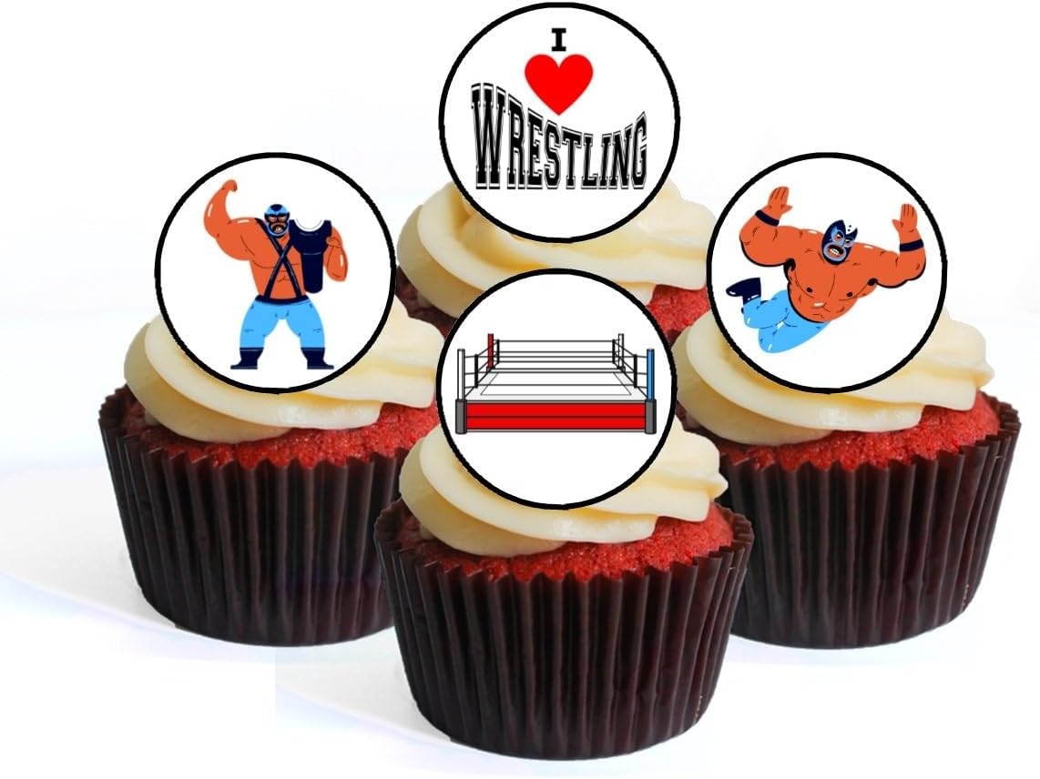 Wrestling Edible Cupcake Toppers, Wrestling Ring Edible Cake Decorations, Sports Party Cake Topper Decorations, Birthday Party Supplies for Men, 48 x 3cm / 1.18 inch Wafer Card Discs