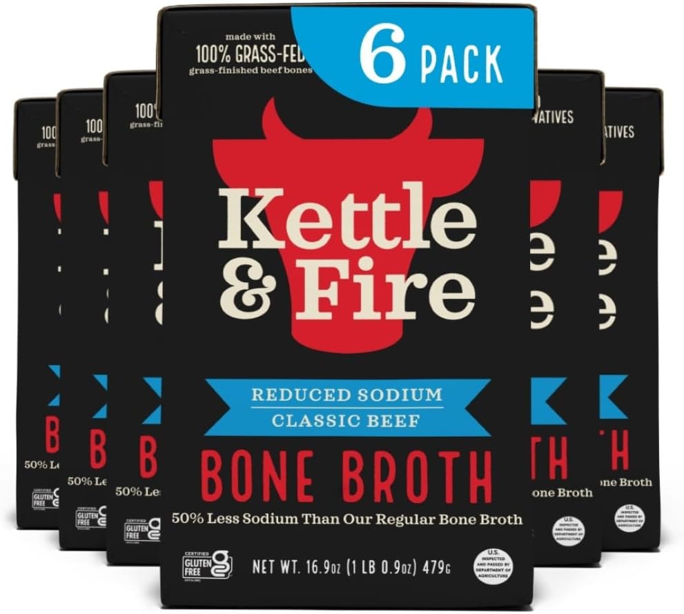 Kettle and Fire Reduce Sodium Beef Organic Bone Broth, Keto, Paleo, Whole 30 Approved, Gluten Free, 17g of Protein, Natural Source of Collagen, Pack of 6