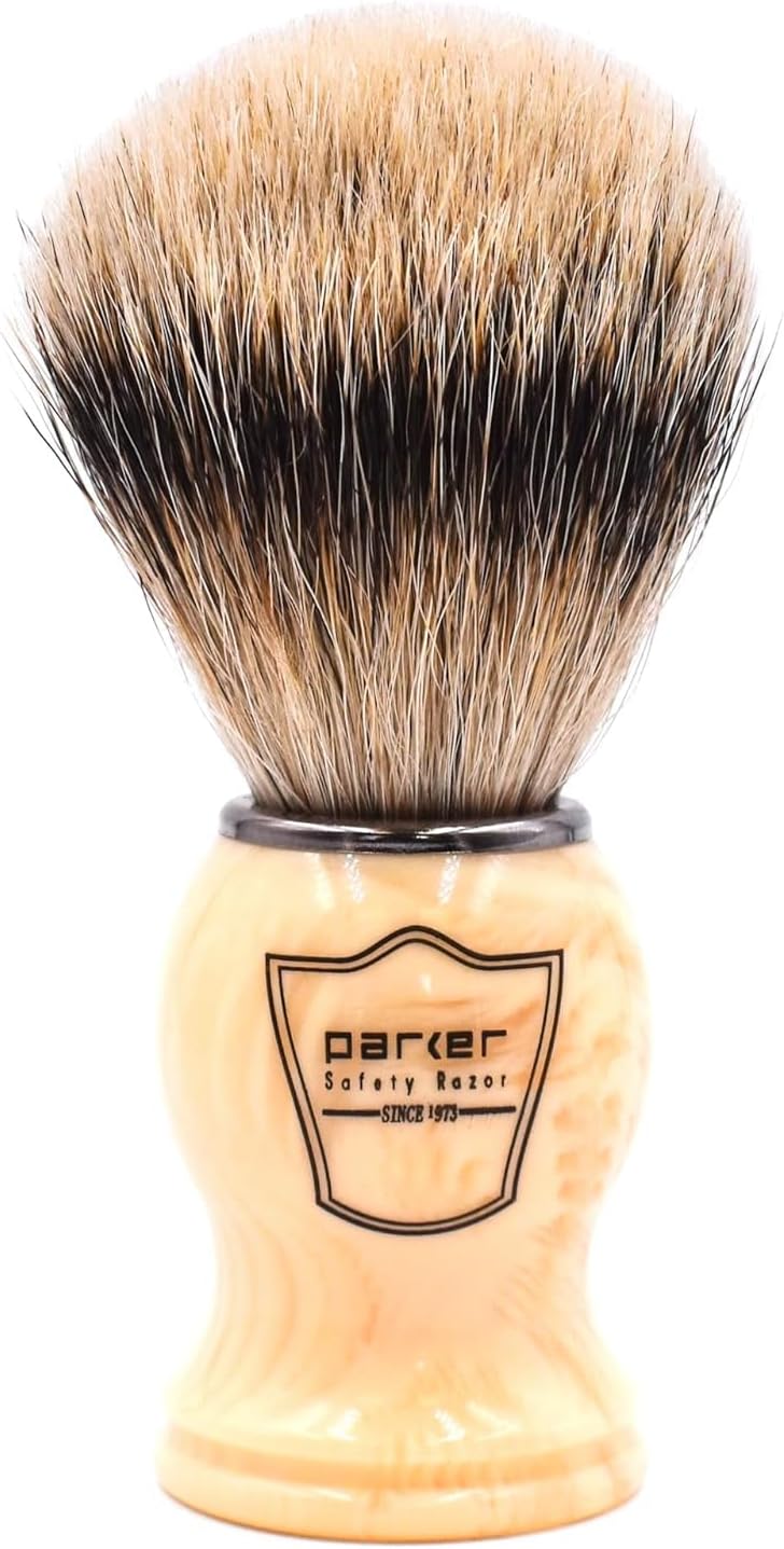 Parker Silvertip Badger Shaving Brush-Faux Ivory Resin Handle & Stand | 22mm Soft Knot for Rich Lather | Handcrafted Grooming Tool for Shave Soaps or Creams | Luxury Wet Shaving Brush | Iconic Brand