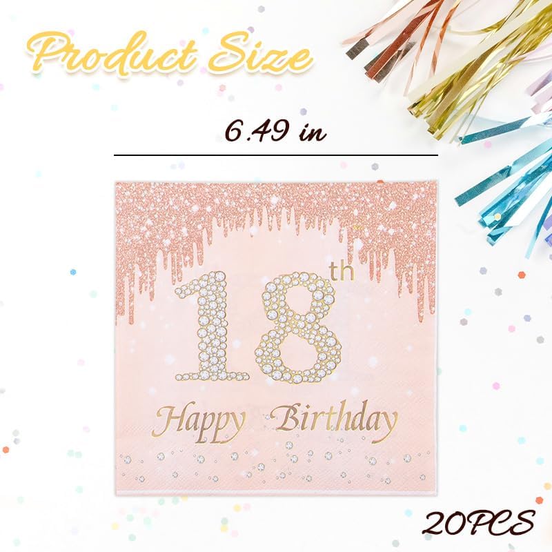 Happy 18th Birthday Napkins for Girls 18th Birthday Decorations Rose Gold and Pink Disposable Paper Cocktail Napkins for 18 Year Old Girl Bday Party Decoration