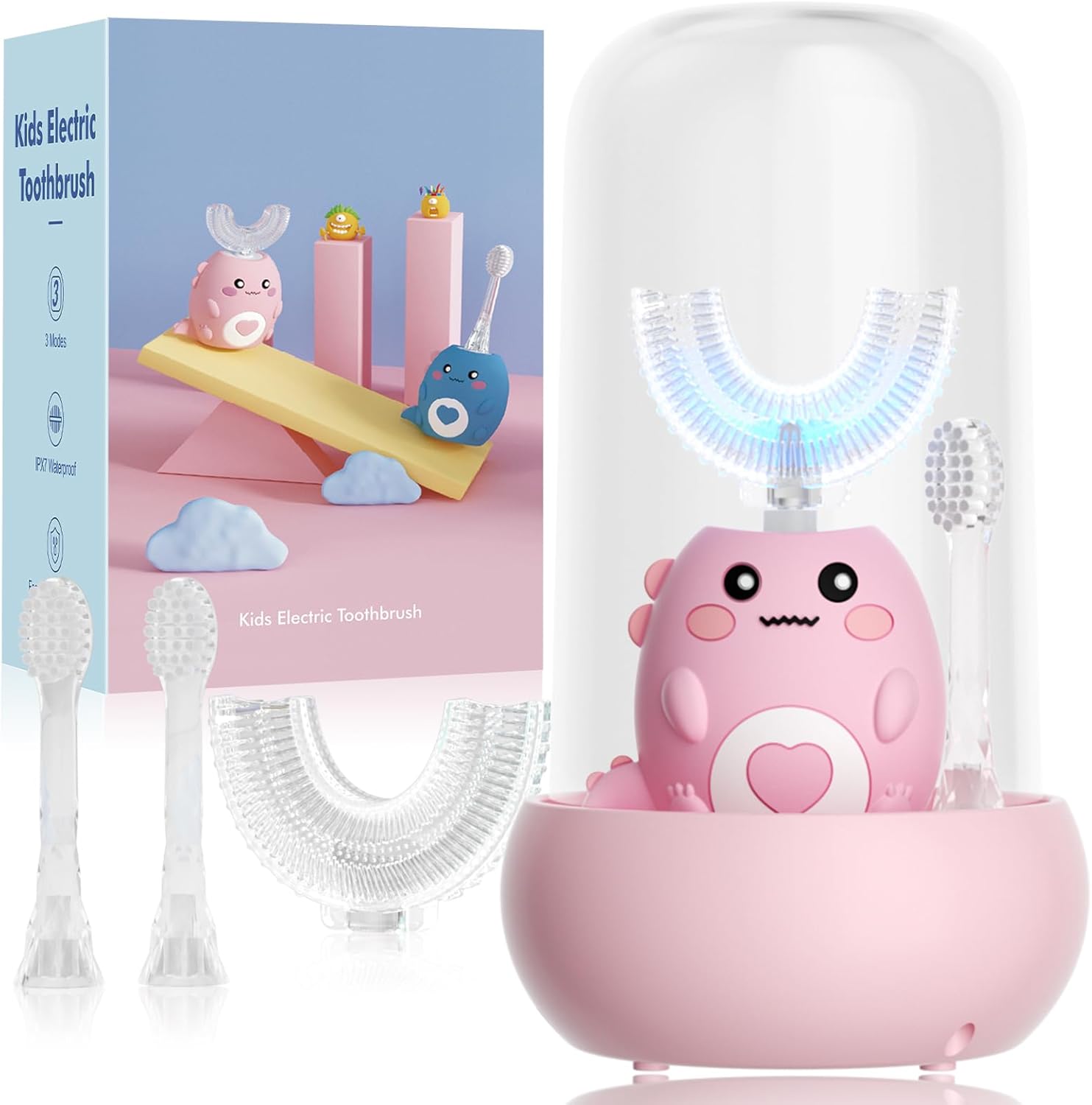 Kids U Shaped Electric Toothbrush, with 3 Cleaning Modes, with 4 Brush Heads, 360° Sonic Automatic Toothbrush, IPX7 Waterproof Cartoon Dinosaur Design (Ages 2-12)