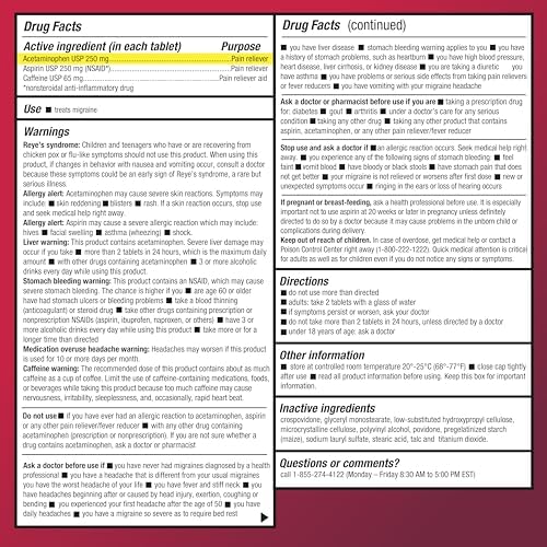 Amazon Basic Care Migraine Relief Acetaminophen, Aspirin (NSAID) and Caffeine Tablets, Pain Reliever/Pain Reliever Aid, 200 Count