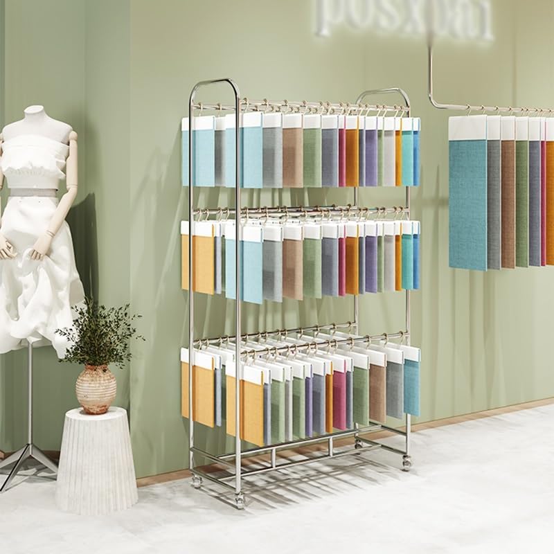XPLKQXE Movable Stainless Steel Fabric Sample Storage Rack, Floor-Standing Curtain/Quilt/Blanket Display Stand, Commercial Textile Retail Store, with Wheels(Silver-2 Layers,120x40x180cm)