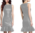 Elegant Hem Ruffles Summer Dress for Woman Sleeveless Mini Dress PU Shiny Liquid Metallic Club Dresses,Gray,S