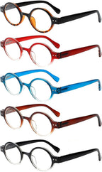 JOSCHOO 5 Pack Retro Round Reading Glasses Mini Small Comfortable Readers for Women Men (5 Mix-2, 1.25)