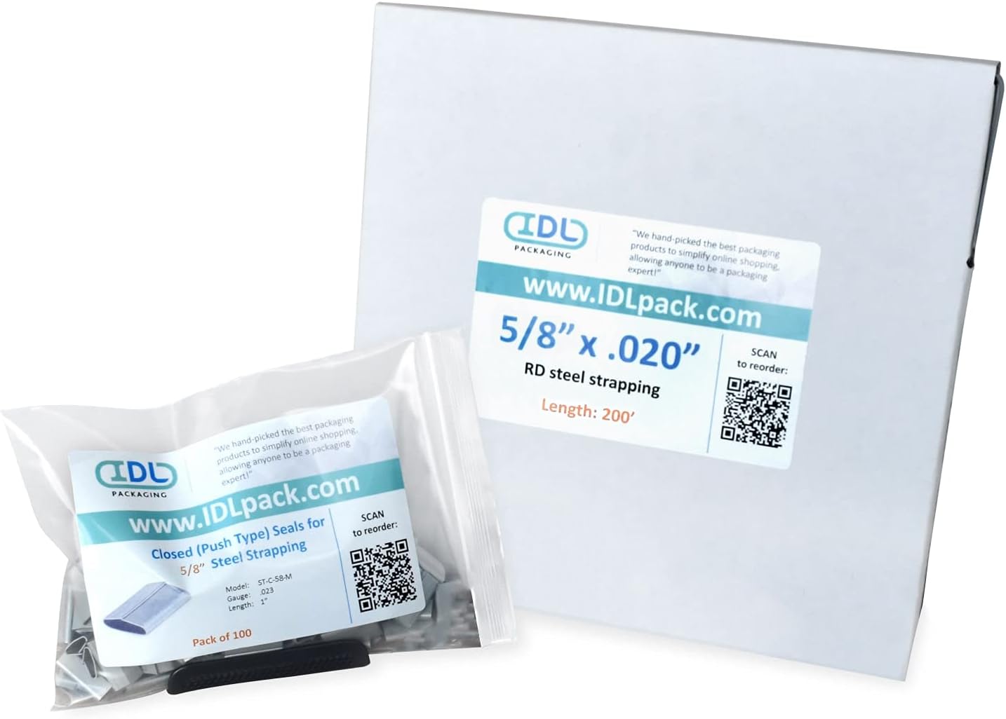 IDL Packaging Refill for Round 5/8" Steel Strapping Kits - 5/8" x 200' Steel Strapping Coil in Self-Dispensed Cardboard Box and 100 of 5/8" Closed Seals