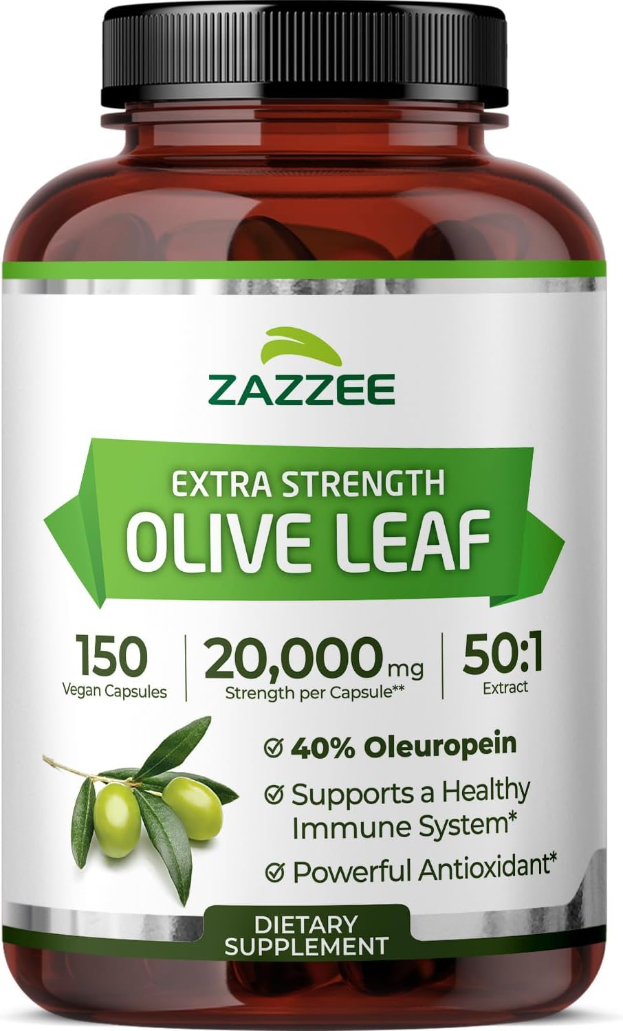 Zazzee Extra Strength Olive Leaf 50:1 Extract, 40% Oleuropein, 150 Vegan Capsules, 5 Month Supply, Olea Europaea, Mediterranean Source, Potent Antioxidant & Immune Support, Non-GMO, Made in the USA