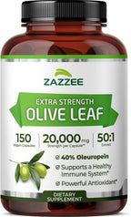 Zazzee Extra Strength Olive Leaf 50:1 Extract, 40% Oleuropein, 150 Vegan Capsules, 5 Month Supply, Olea Europaea, Mediterranean Source, Potent Antioxidant & Immune Support, Non-GMO, Made in the USA