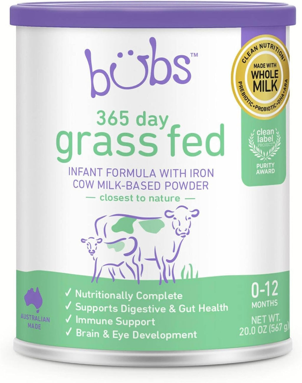Bubs 365 Day Grass Fed Infant Formula with Iron, Cow Milk-Based Powder for Infants 0-12 Months, Made with Non-GMO Milk, 20 oz