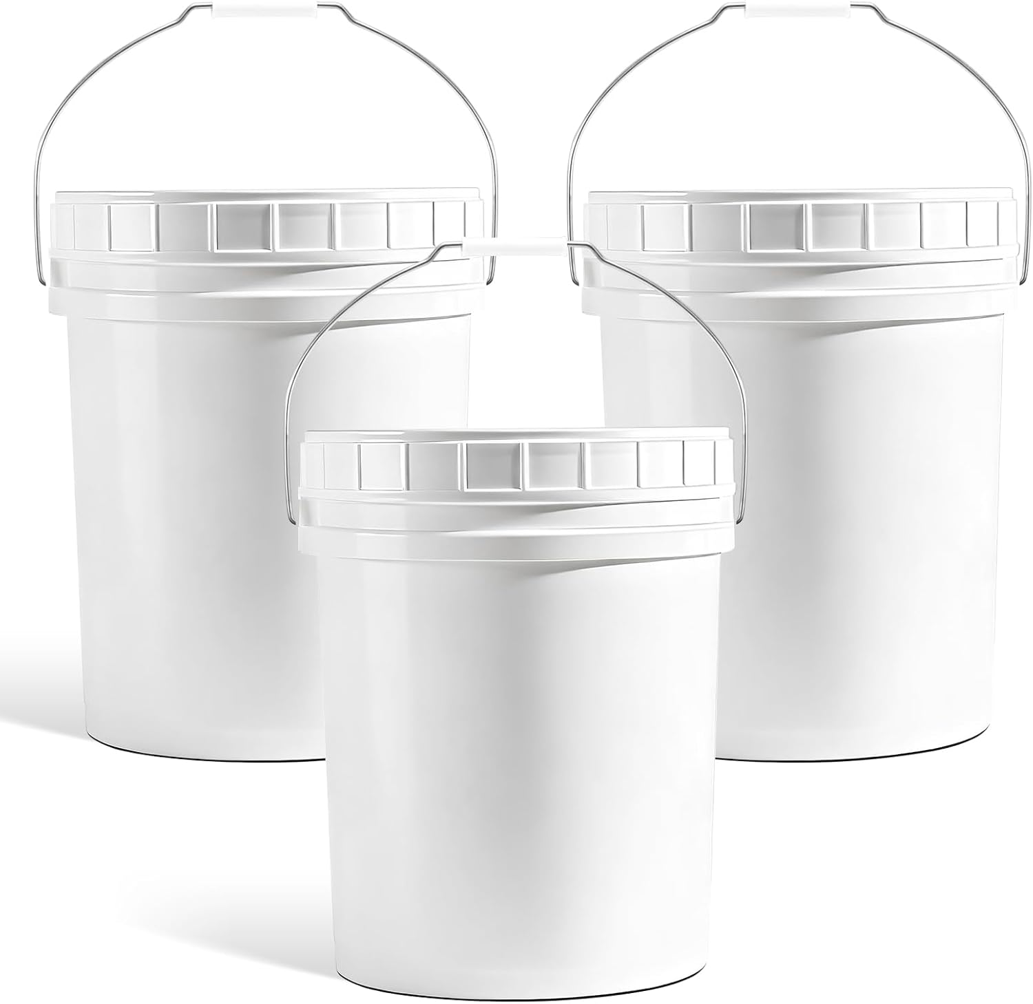 DEMORA 5 Gallon Bucket with Screw Lid, Heavy Duty Plastic Buckets Containers for Food Storage, Plastic Pail with Metal Handle for Water, Cleaning, Car Wash, Paint, Gardening, BPA Free (White, 3 Pack)