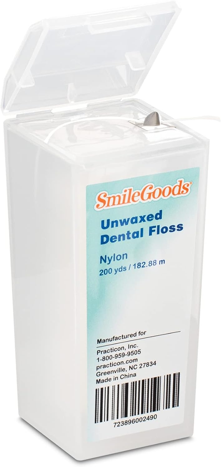 Practicon SmileGoods Unwaxed 200 Yard Dental Floss, Shred Resistant Nylon, Noncoated, Wax Less, Wax Free Floss, 1 Pack