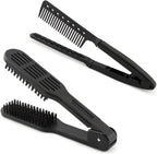 2pcs Boar Bristle Hair Comb For Straightening, Hair Brush Straightener Detangler, Double Sided Clamp Brush and Flat Iron Comb for Straightening Knotty, Unkempt Hai-r(COLOR:Black)