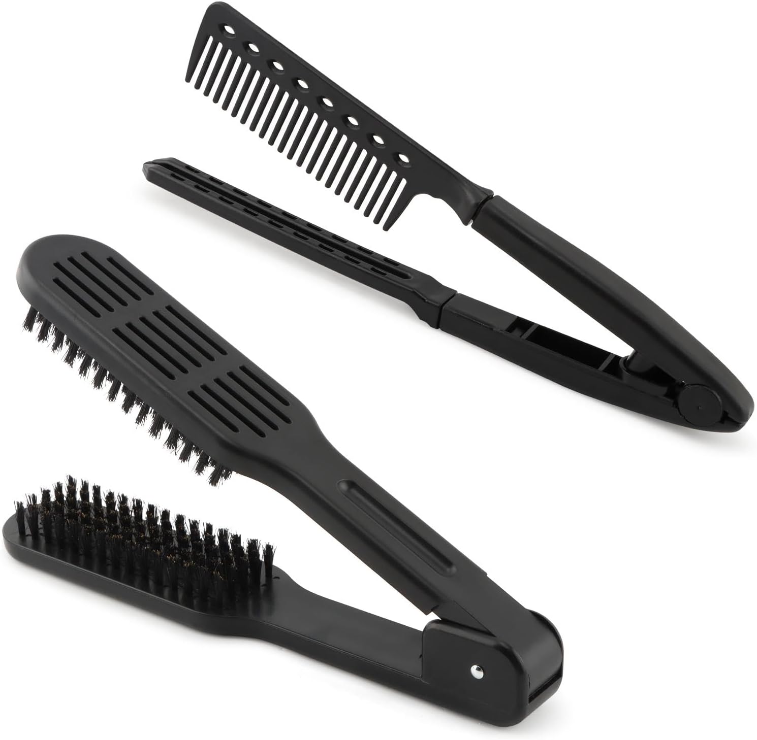 2pcs Boar Bristle Hair Comb For Straightening, Hair Brush Straightener Detangler, Double Sided Clamp Brush and Flat Iron Comb for Straightening Knotty, Unkempt Hai-r(COLOR:Black)
