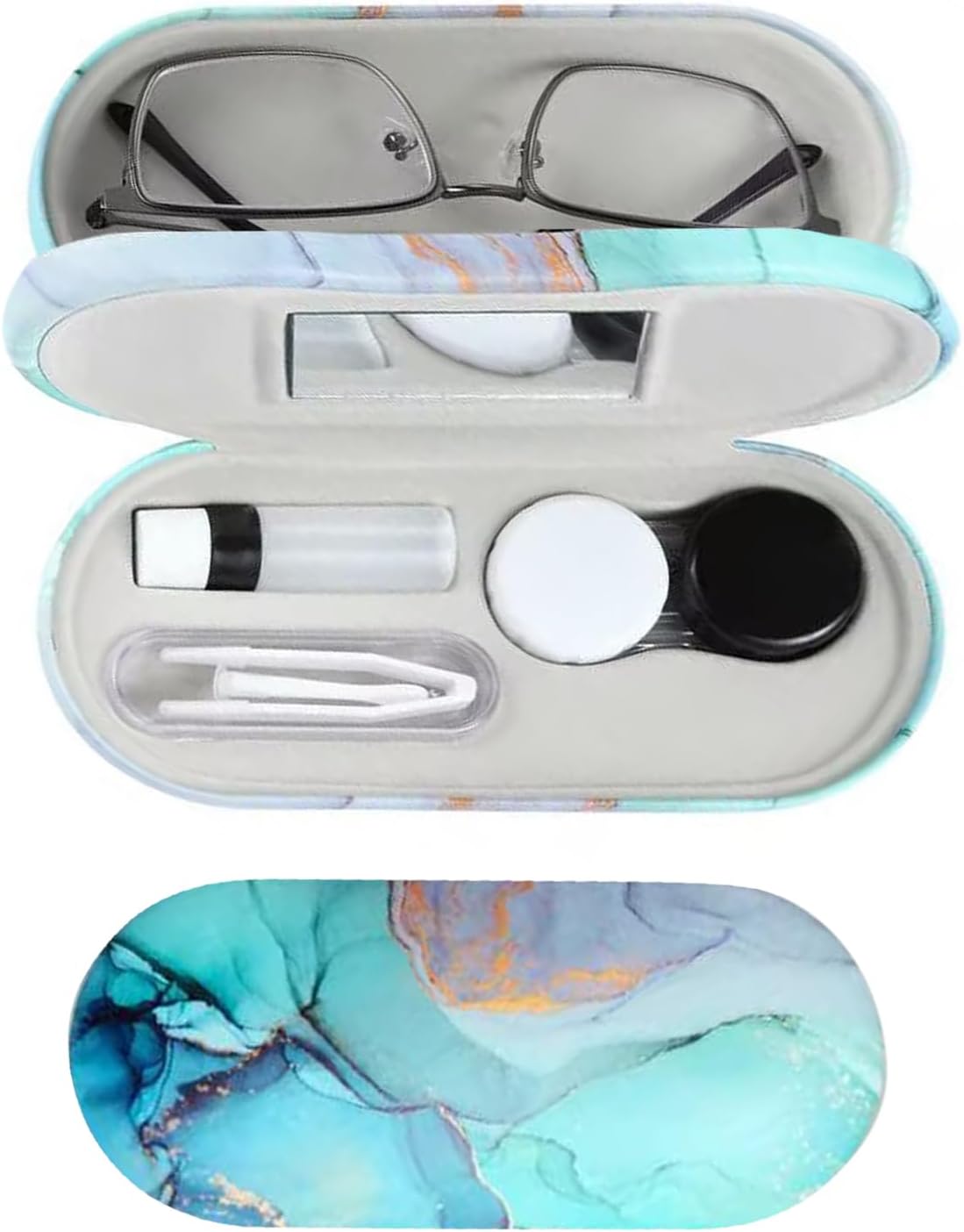 MUDOR 2 in 1 Contact Lens Case, Double Sided Contact Lens Travel Kit Includes Remover Tool with Tweezers,Dual Use Design for Contact Lens case and Glasses case (Marble Green)