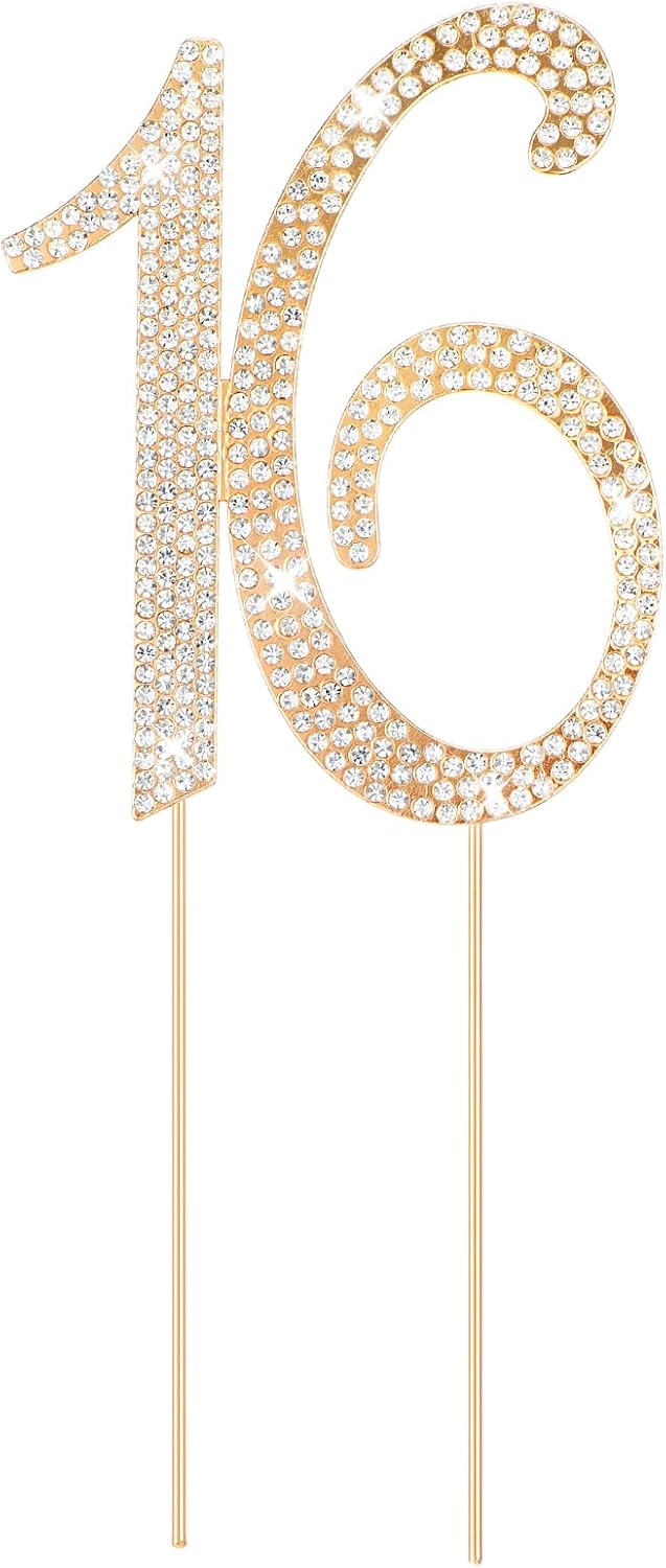 16 Cake Topper, Rhinestone 16th Birthday Cake Topper Happy 16 Crystal Rhinestones Cakes Toppers Crystal Rhinestones Birthdays Cakes Decoration for Quinceanera Birthday Anniversary(Gold)
