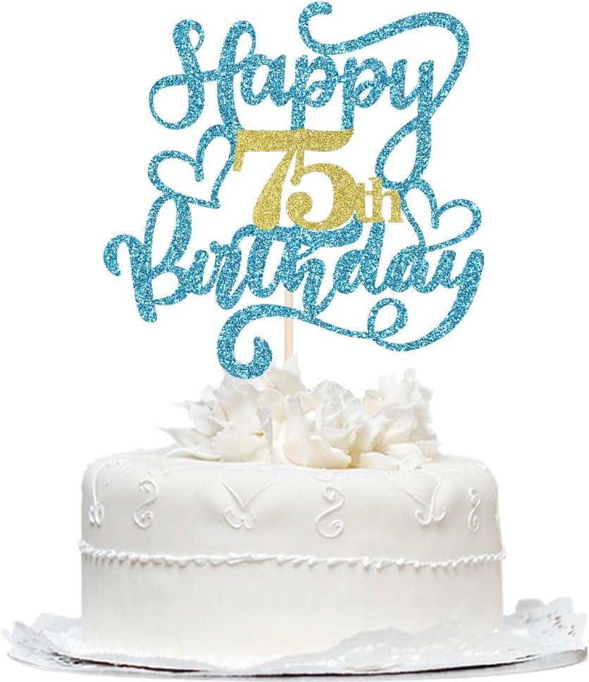1 PCS Happy 75th Birthday Cake Topper, Blue Glitter Cheers to 75 Years Birthday Cake Pick 75 Fabulous Cake Decoration for 75th Birthday/Anniversary Party Cake Decorations Supplies