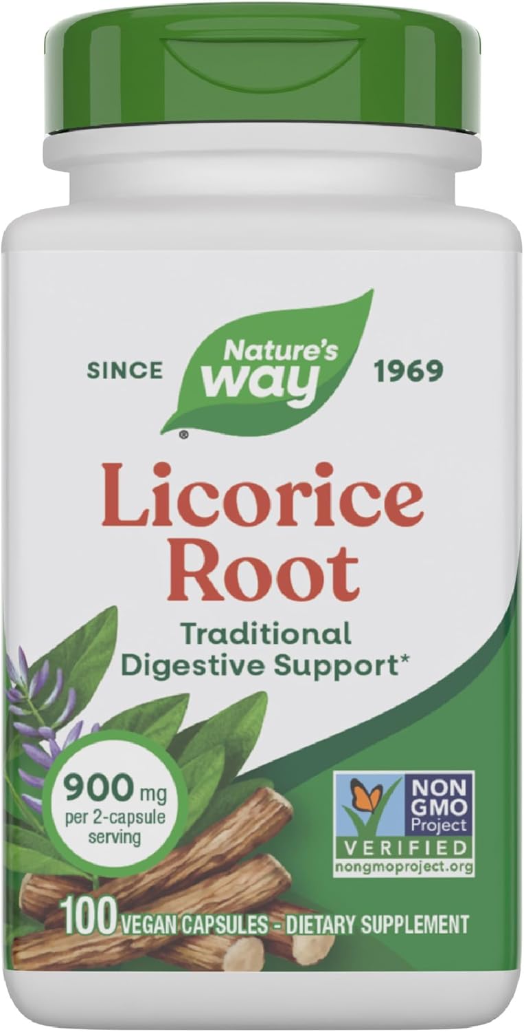 Nature's Way Licorice Root, Traditional Digestive Support Supplement*, 900 mg per 2-Capsule Serving, Non-GMO Project Verified, 100 Vegan Capsules (Packaging May Vary)