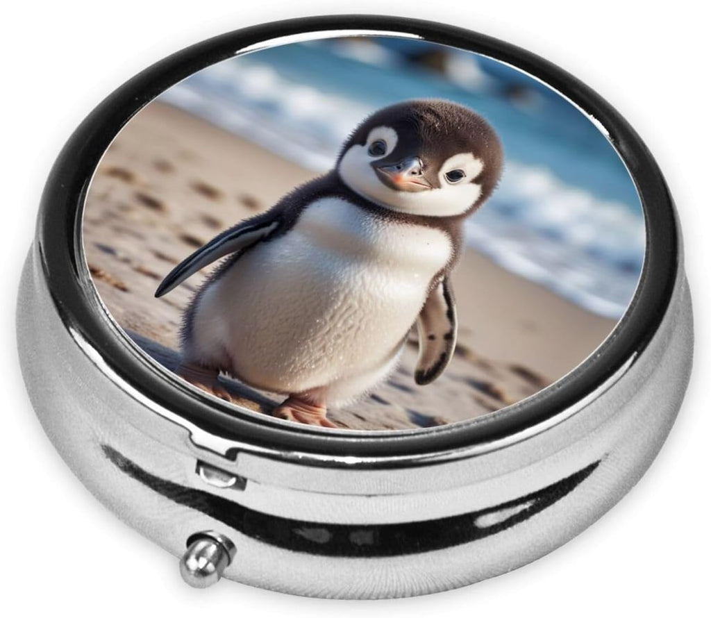 ZhongGuo Cute Penguin Printed Pill Organizer,Round Travel Pill Organizer Mini Medicine Pill Box for Purse Iron Plating