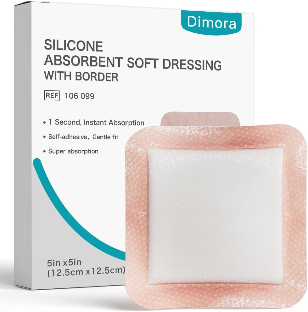 Dimora Silicone Super Absorbent Wound Dressings - Gentle Adhesive Bandages with Ultrasorb Polymer,Heavy Exudate Wound Care Pads 5"X 5" 10 Count