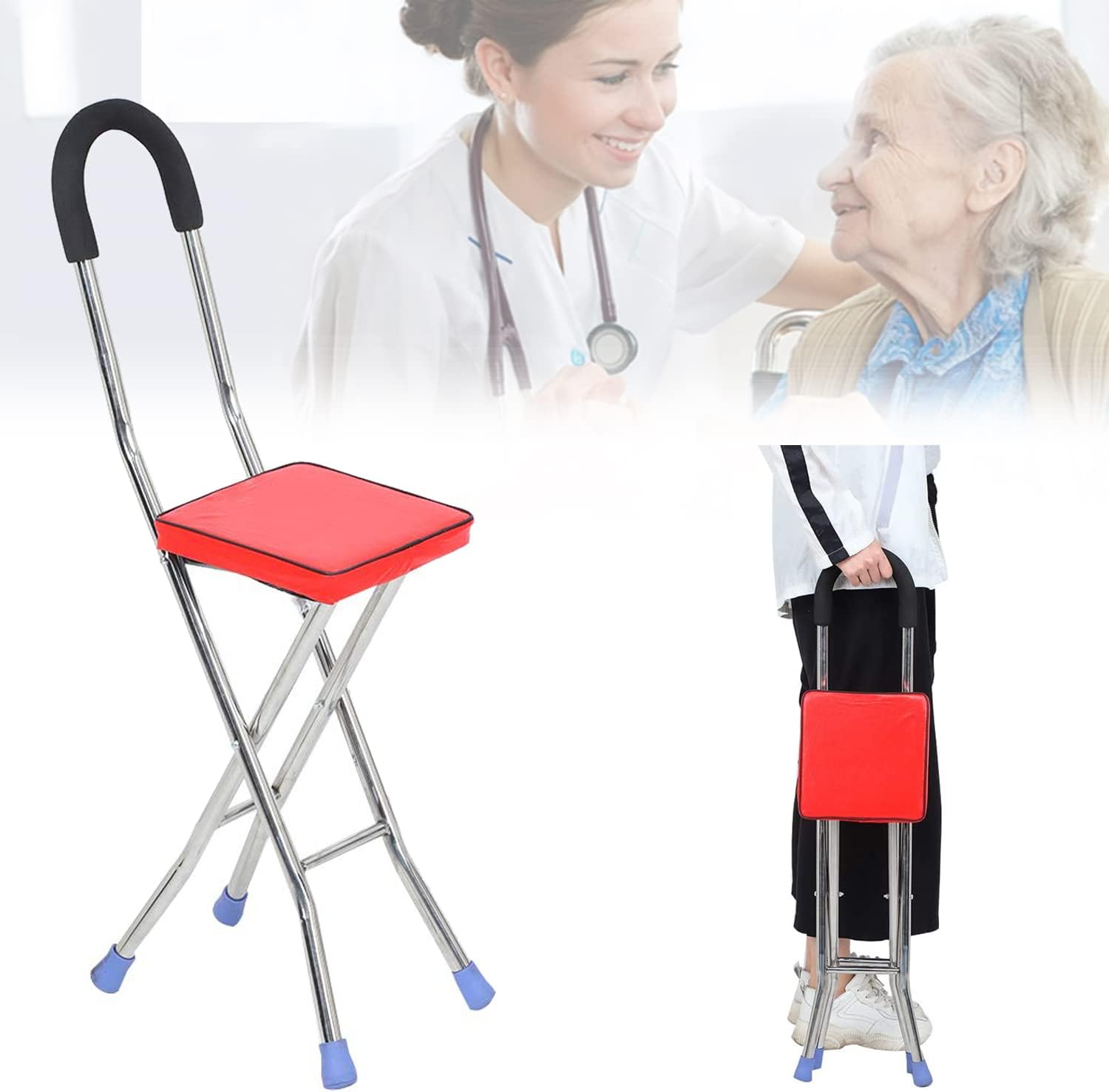 Folding Canes with Seat Crutch Chair 330 Lbs Capacity, Heavy Duty Stainless Steel Cane Chair with 4 Legs, Anti-Slip Seat Cane, Lightweight Walking Stick for Seniors Elderly