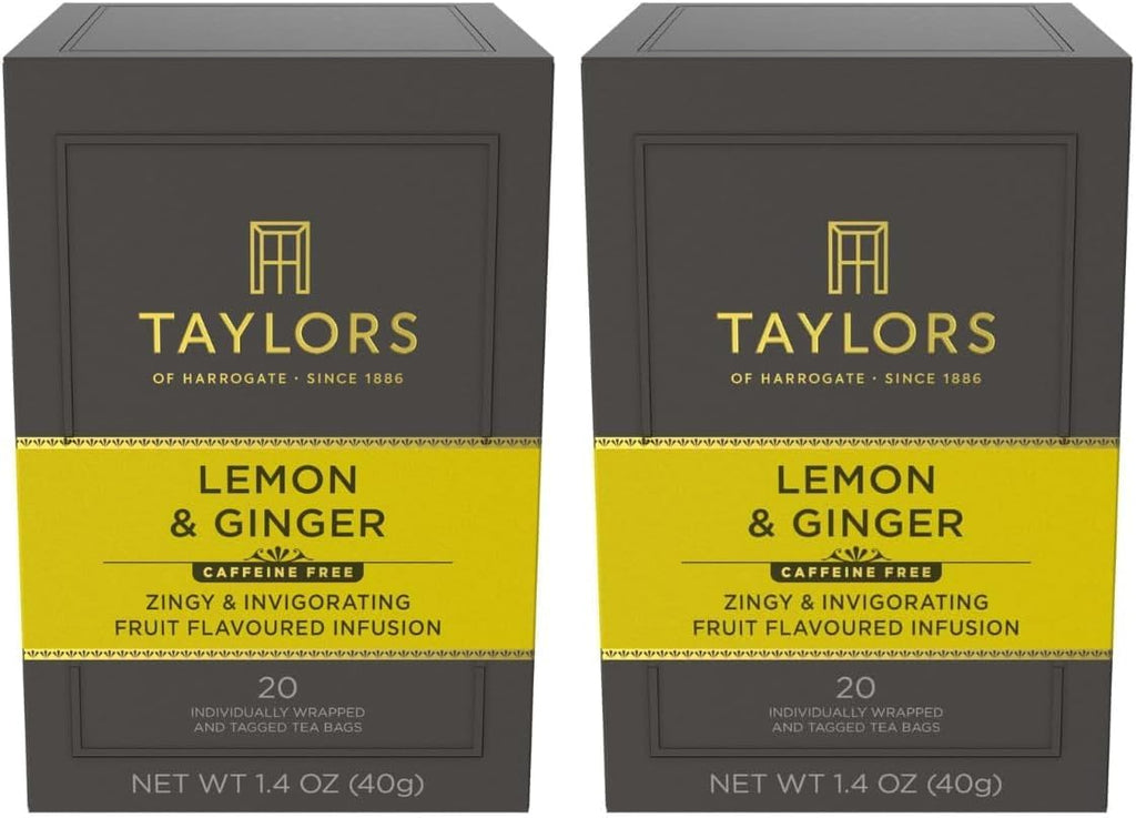Taylors of Harrogate Lemon & Ginger,Herbal Tea,Individually Wrapped Bags,Cleansing,Invigorating and Citrussy,Caffeine-Free,Enjoy Hot or Iced,20 Count (Pack of 2)