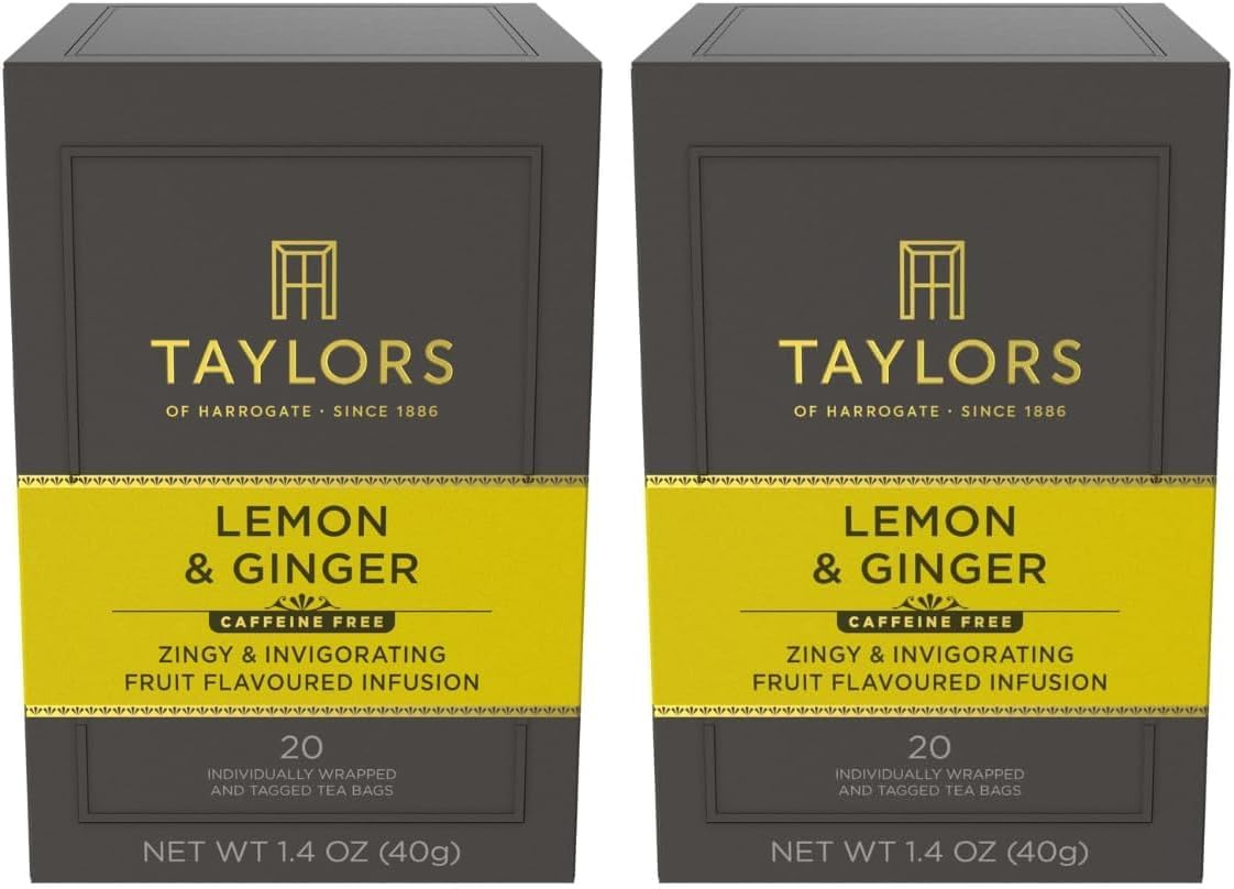 Taylors of Harrogate Lemon & Ginger,Herbal Tea,Individually Wrapped Bags,Cleansing,Invigorating and Citrussy,Caffeine-Free,Enjoy Hot or Iced,20 Count (Pack of 2)
