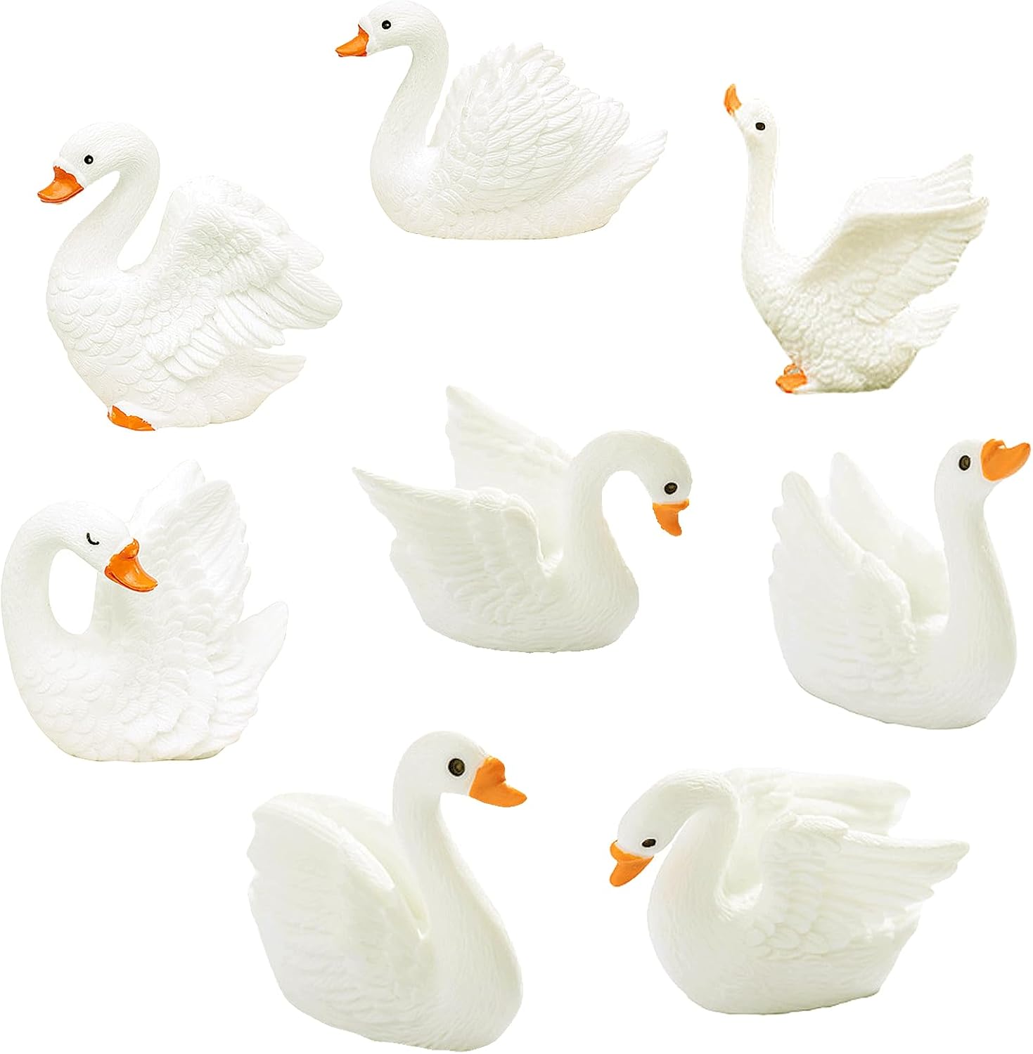 8PCS Mini White Swan Miniature Figurines Set, Beautiful White Swan Decorations, Adorable Animal Themes Desktop Resin Figurine Miniatures for Fairy Garden, Glass Container, Cake Toppers, Party Favors
