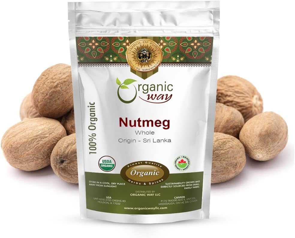 Organic Way Premium Quality Nutmeg Whole (Myristica fragrans) - Healthy Digestion | Organic & Kosher Certified | Non GMO & Gluten Free | USDA Certified | Origin - India (1 LBS / 16 Oz)