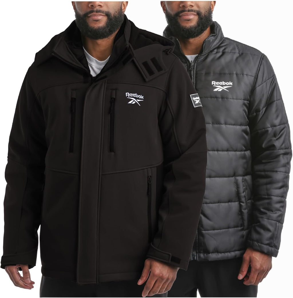 Reebok Mens Winter Coats - 3 in 1 System Hooded Softshell Windbreaker Jacket and Quilted Puffer Insulated Mens Ski Jacket