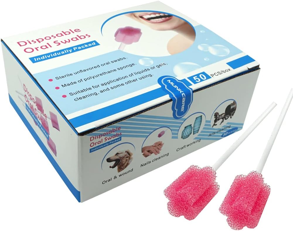 Disposable Oral Foam Swab with Mint Flavored, Individually Wrapped, Red, Box of 50 Counts