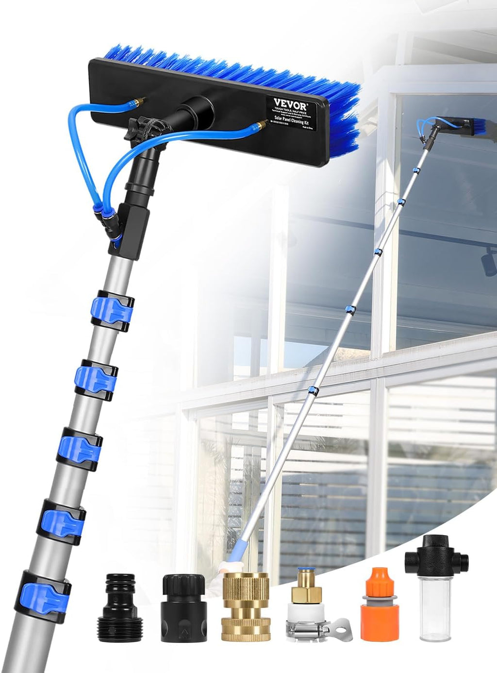 VEVOR Water Fed Pole Kit, 36FT Solar Panel Cleaning Pole with Extendable Handle, 180° Rotatable Brush Head & 65.6FT Hose, Household & Outdoor Window Cleaner Tool for Caravan Solar Panel Deck