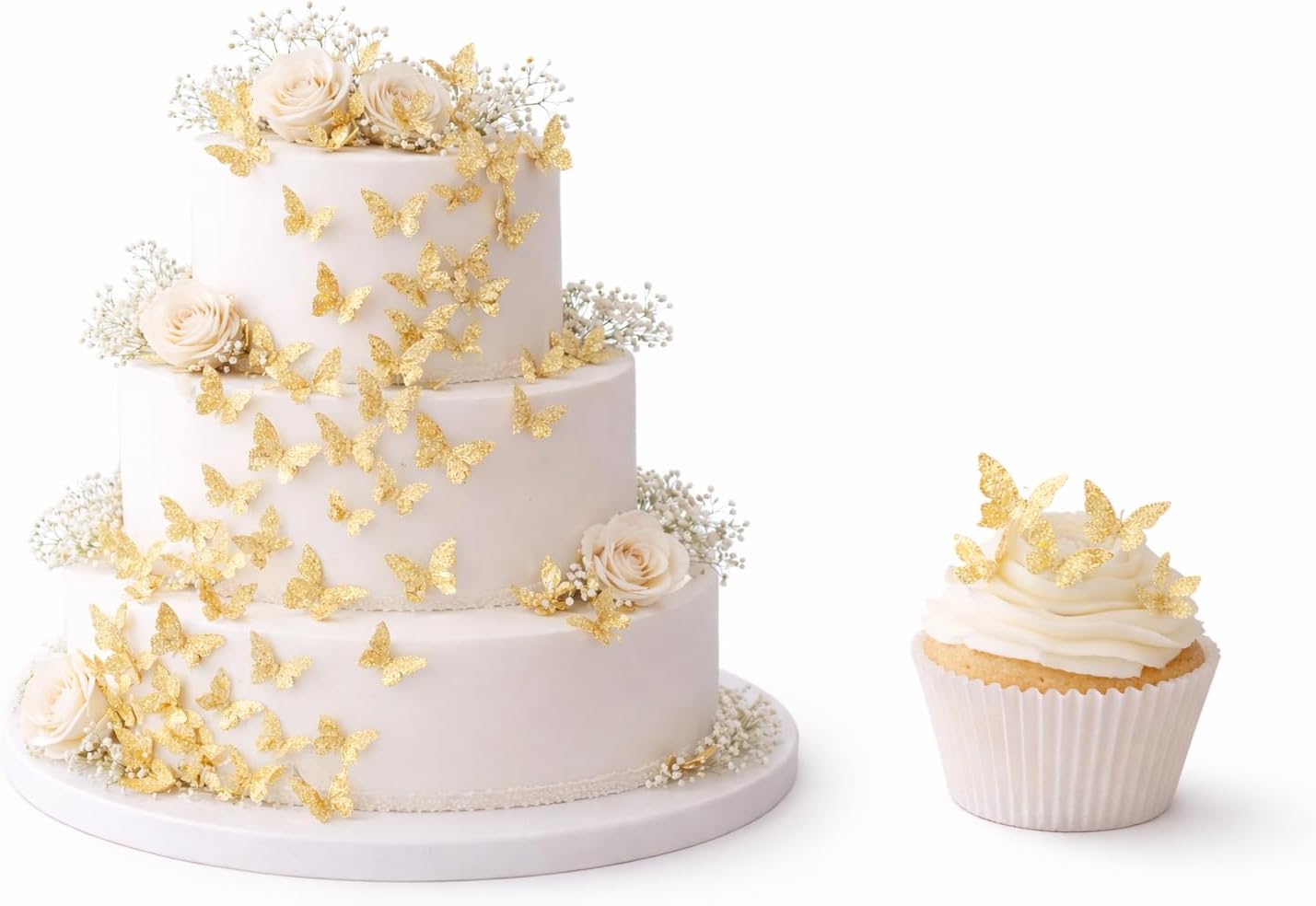 50 Handcrafted butterflies Edible Wafer paper for cakes/wafer flower/winter wedding cake topper/cupcake topper / (Shiny Gold))