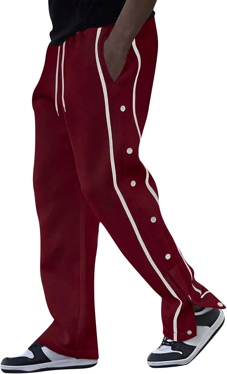 Baggy Sweatpants Men Striped Side Button Running Track Pants Open Bottom Uncuffed Wide Leg Sweatpants with Pockets