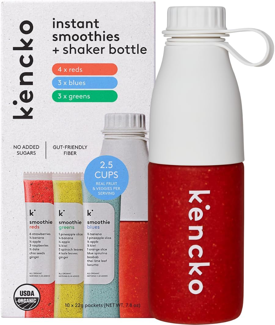 kencko Smoothie Mix Starter Kit - 10 Instant Breakfast Smoothies + Reusable Bottle - 100% Organic Fruit And Vegetable Superfoods, Natural, Healthy Vegan and Gluten Free - Freeze Dried Smoothie Powder