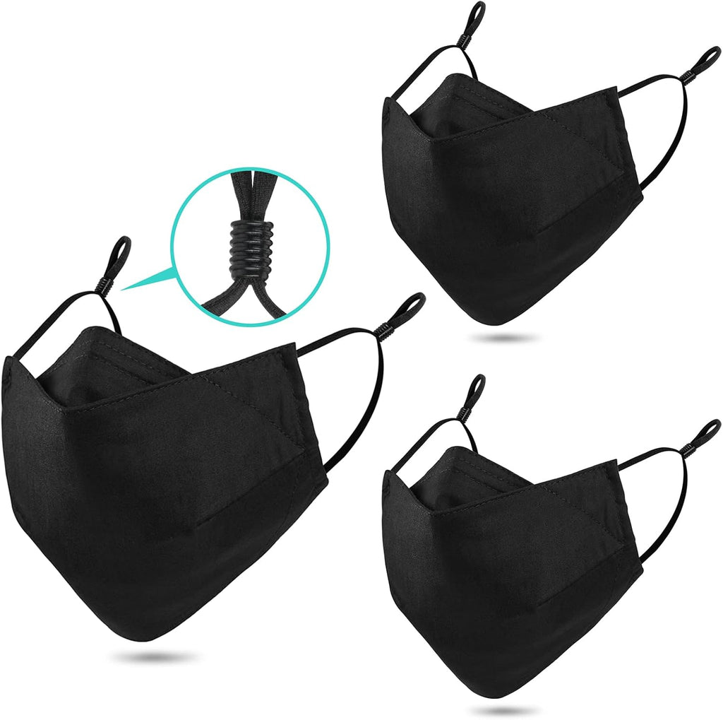 Yarehand 3-Ply Organic Cotton Cloth Face Mask Reusable Washable, Face Masks Adjustable Ear Loops Nose Wire Filter Pocket, Pack of 3 No Fog/Dust for Unisex Adult (3 Black)