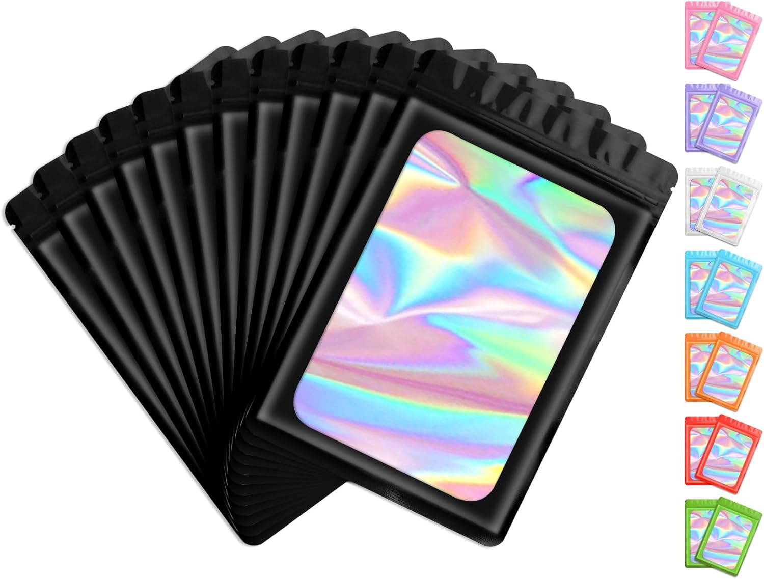 Funfery 100 Pcs Resealable Bags Clear Holographic Bags,Smell Proof Packaging Baggies,Mylar Food Storage Bag,Zipper Sealing Bag for Coffee Bean,Cookies,Jewelry Sample Small Business(Black,2.4x3.9in)
