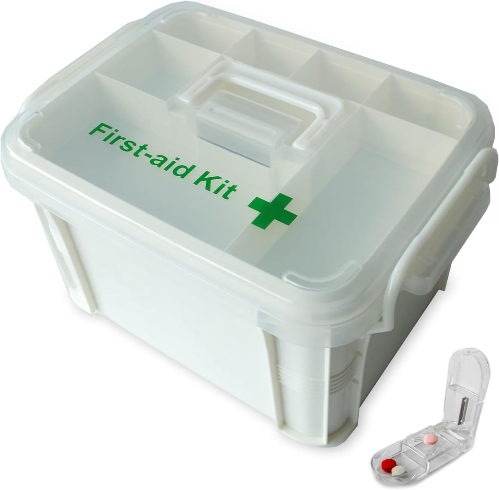 Deke Home - Portable First Aid & Medicine Organizer Box with Handle – Plastic Family Medical Storage Kit for Travel, Car, Home, Camping, Office + Pill Cutter