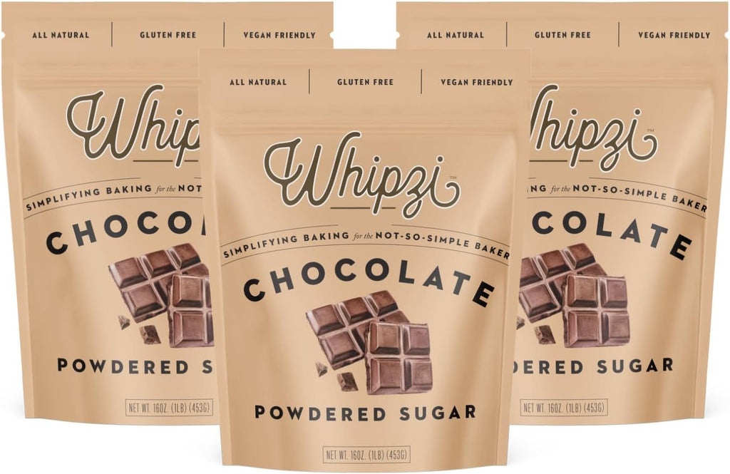 Whipzi Chocolate Flavored Powdered Sugar - Confectioners Sugar for Baking, Frosting, Royal Icing, Glazes, Coffee & Desserts - 1:1 Powdered Sugar Replacement - Gluten Free, Vegan Baking Sugar - 3 Pack