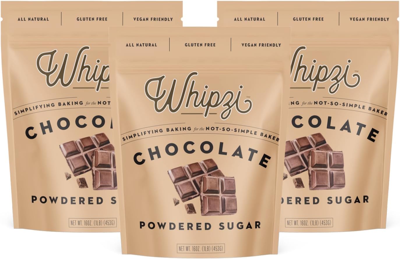 Whipzi Chocolate Flavored Powdered Sugar - Confectioners Sugar for Baking, Frosting, Royal Icing, Glazes, Coffee & Desserts - 1:1 Powdered Sugar Replacement - Gluten Free, Vegan Baking Sugar - 3 Pack