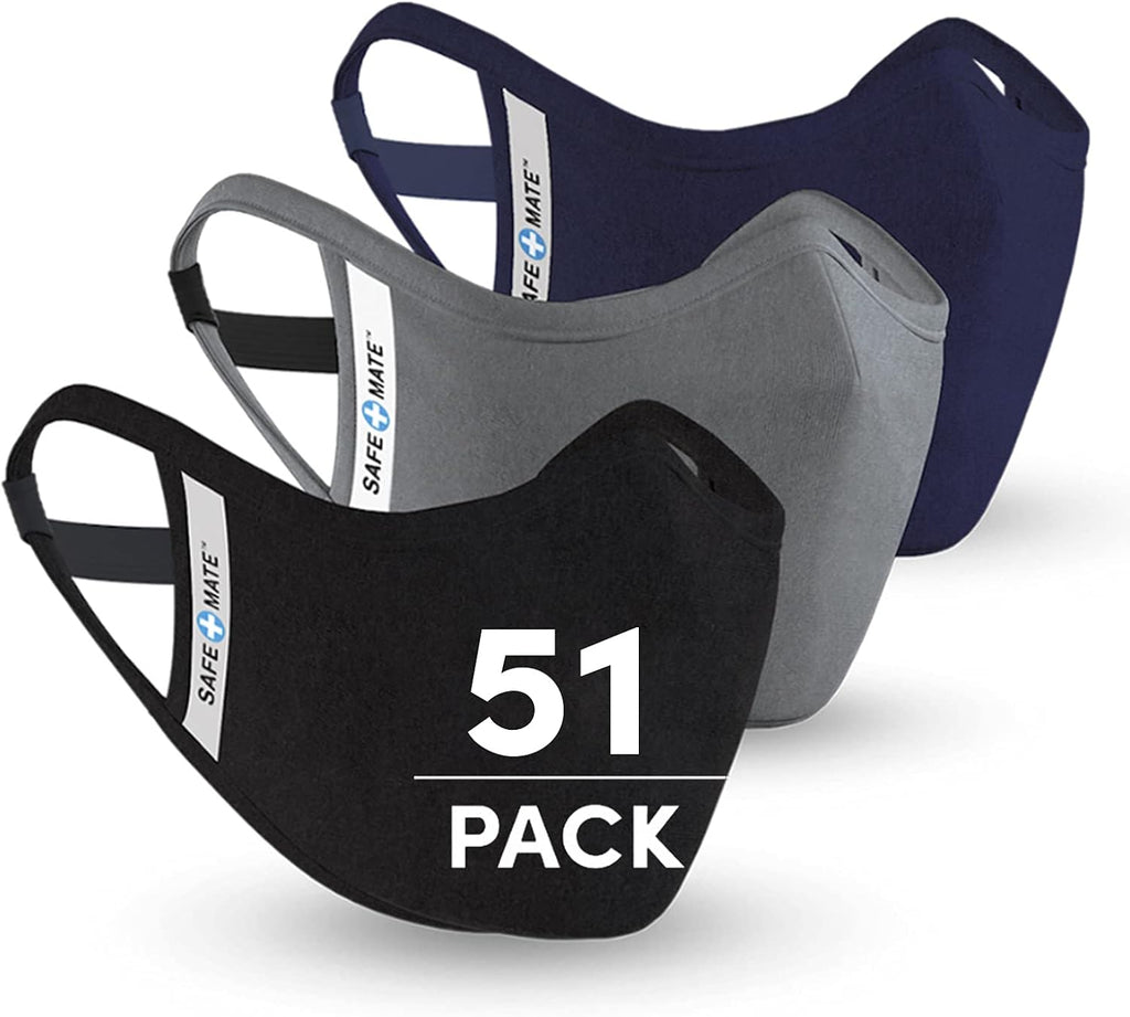 Safe+Mate x Case-Mate - Cloth Face Mask (51 Pack) Washable & Reusable - Adult L/XL - Cotton - Includes Filters - Black/Navy/Gray