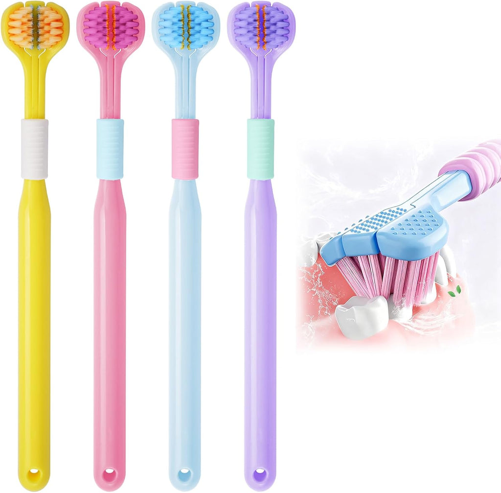 3 Sided Toothbrush with Tongue Scraper, 2026 New Upgraded Medium Extra Soft Toothbrushes for Adults and Youth, Multi-Angle Deep Clean for Gums, Sulci and Hard-to-Reach Back Teeth (A 4Pack)
