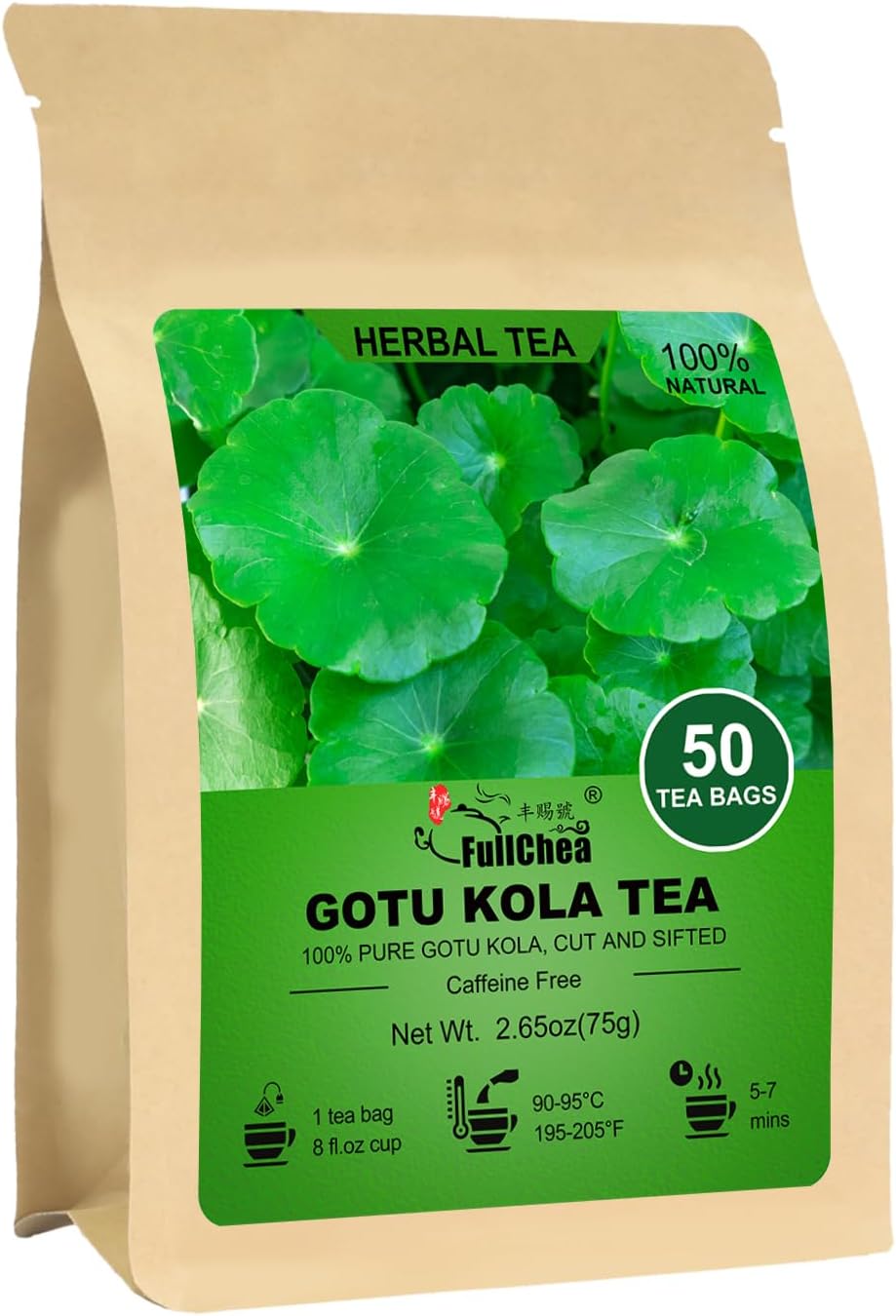 FullChea -Gotu Kola Tea, 50 Teabags - Premium Dried Gotu Kola Leaves - Natural Herbal Tea With Antioxidants & Minerals - Non-GMO - Caffeine-Free - Support Focus