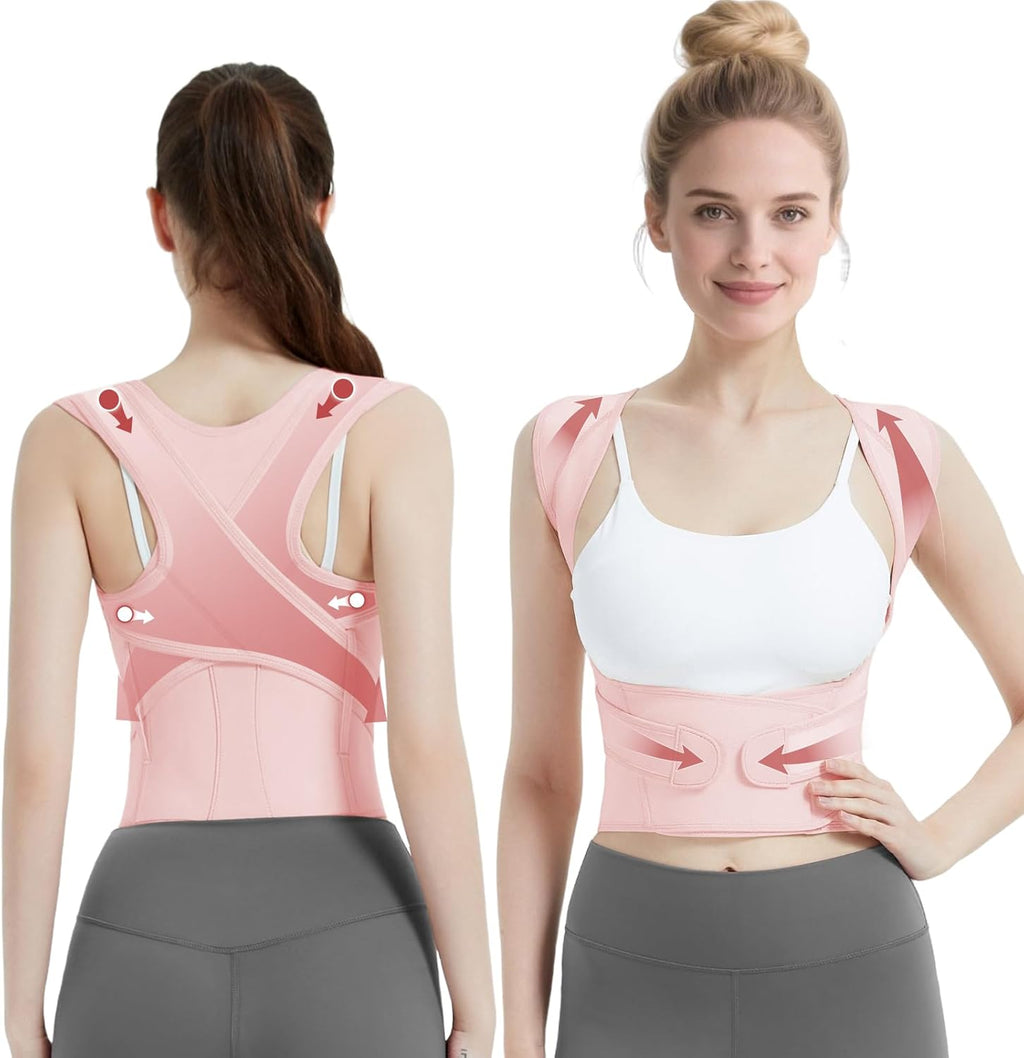 Posture Corrector for Women & Men, Full Back Brace Support with Adjustable Shoulder Straightener, Lower & Upper Back Pain Relief - Scoliosis, Hunchback, Spine Corrector (Pink, Large)
