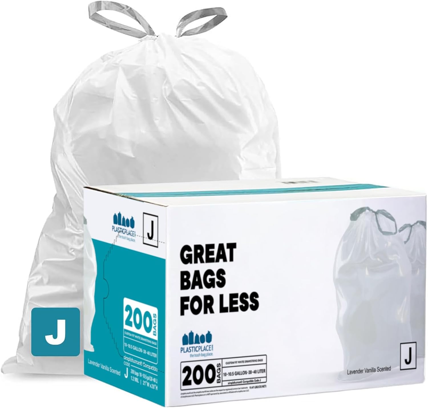 Plasticplace White Drawstring Lavender and Soft Vanilla Scented Garbage Can Liners, Compatible with Code J (200 Count) 10-10.5 Gallon / 38-40 Liter, 21" x 28 "