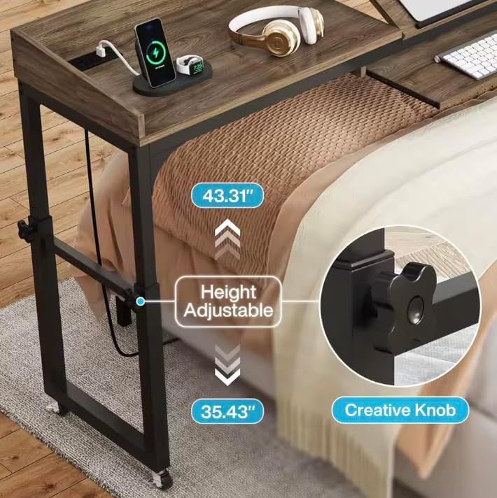 Height Adjustable Overbed Table with Wheels, Mobile Laptop Cart Computer Desk for Queen Size Bed