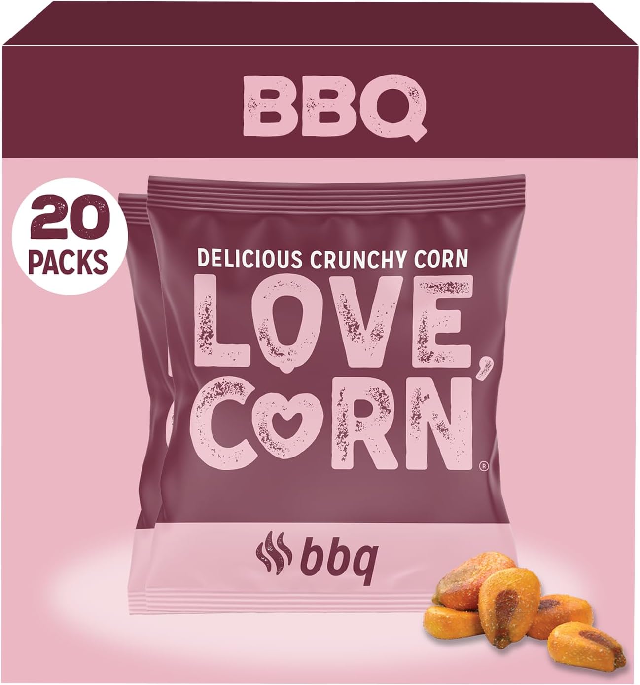 LOVE CORN BBQ | Delicious Crunchy Corn Snacks | .07oz x 20 Gluten Free, Vegan Bags | Convenient for Lunch Boxes, Commuting & Office Snacks